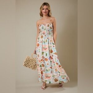 Italian Market Illustration Print Smocked Maxi Dress - Sunday Edition